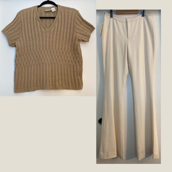 Liz Claiborne Cable Knit Short Sleeve Cotton Sweater, V-Neck, Beige - Picture 16 of 16